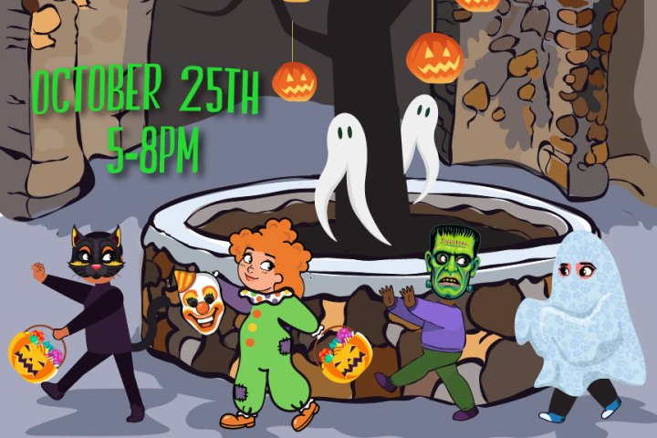 Halloween event poster with kids in costumes, ghosts, and pumpkins; text details event on October 25th, 5-8 PM.